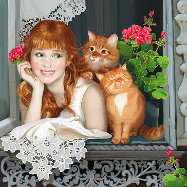    Jeune fille et ses chats                            